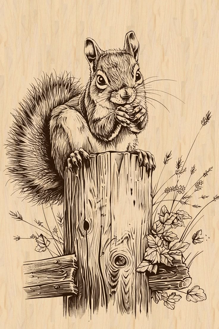 Laser Burn PNG _ Squirrel _ Eating Nuts _ Fence _ Engrave _ Laser Ready _ Digital Design File _ wildlife